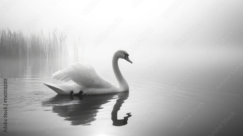 Serene swan gliding through foggy lake with reeds creating a tranquil black and white landscape scene. Serene swan gliding through foggy lake with reeds creating a tranquil black and white landscape scene.