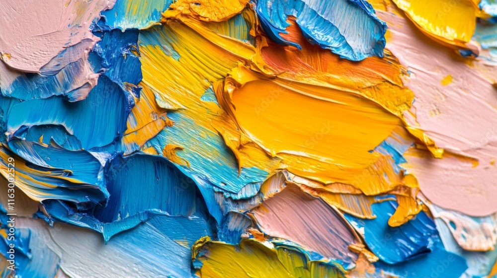 Obraz premium Abstract Impasto Painting Yellow Blue Pink Hues