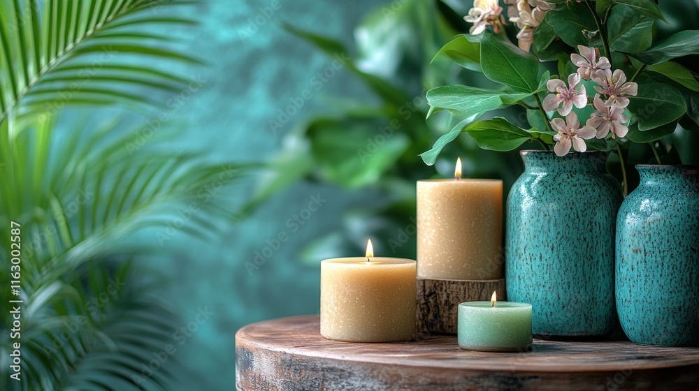 Decorative candles and pottery in a lush setting Decorative candles and pottery in a lush setting
