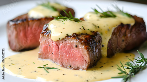 Succulent filet mignon topped with creamy parmesan mustard sauce and garnished with herbs, a delicious and elegant dish perfect for special occasions