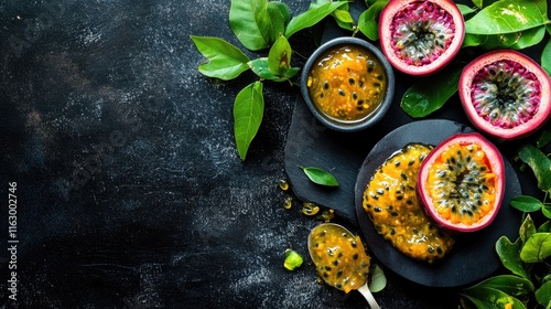 Passion Fruit Jam with Fresh Fruit Slices on Dark Background with Green Leaves
