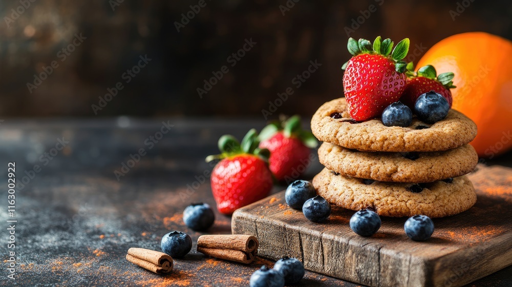 Delicious fruity cookies stacked on a rustic wooden board with cinnamon strawberries and blueberries against a dark backdrop for text space Delicious fruity cookies stacked on a rustic wooden board with cinnamon strawberries and blueberries against a dark backdrop for text space