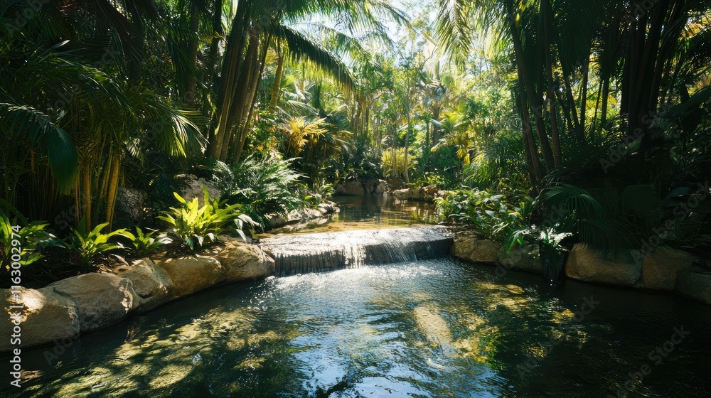 Naklejka premium Lush Rainforest Canopy Over Tranquil River Stream Surrounded by Tropical Foliage and Natural Beauty