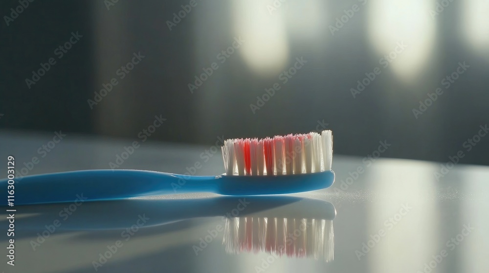 Toothbrush resting on a reflective surface with soft lighting highlighting its bristles and colors in a serene setting. Toothbrush resting on a reflective surface with soft lighting highlighting its bristles and colors in a serene setting.