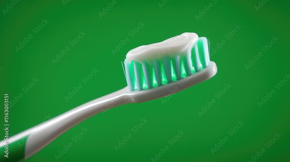 Toothbrush with Toothpaste on Bright Green Background for Oral Hygiene and Dental Care Concept Toothbrush with Toothpaste on Bright Green Background for Oral Hygiene and Dental Care Concept