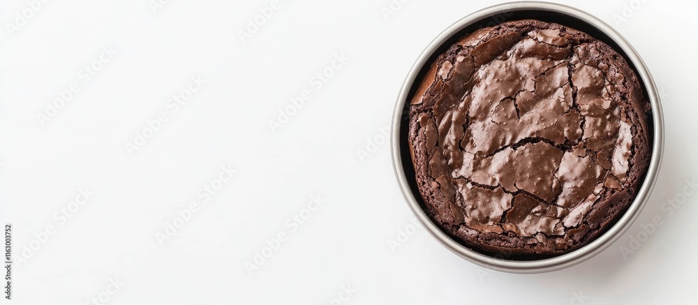 Freshly baked chocolate fudge brownie in a steel bowl on white background ideal for dessert promotions or recipe advertisements Freshly baked chocolate fudge brownie in a steel bowl on white background ideal for dessert promotions or recipe advertisements