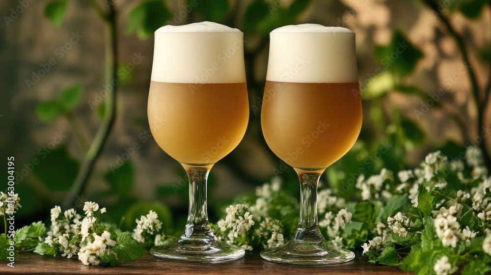 Two Elegant Beer Glasses with Foam on Rustic Wooden Counter Surrounded by Greenery and White Flowers Two Elegant Beer Glasses with Foam on Rustic Wooden Counter Surrounded by Greenery and White Flowers