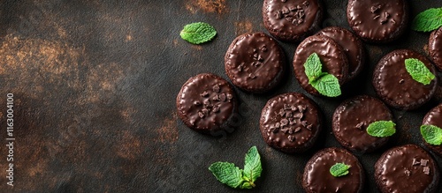 Top view of thin mint chocolate cookies arranged on a dark background with fresh mint leaves and space for promotional text