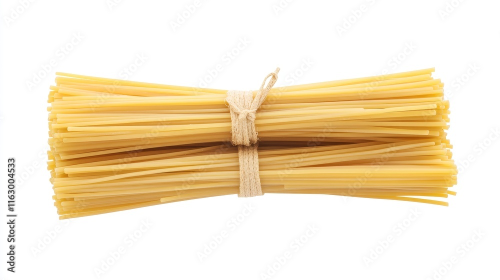 Bundles of fettuccine pasta neatly tied and isolated on a white background showcasing top view details and texture of the noodles. Bundles of fettuccine pasta neatly tied and isolated on a white background showcasing top view details and texture of the noodles.
