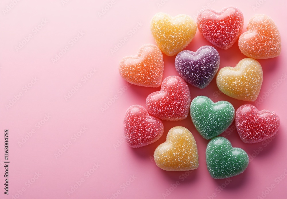 Colorful Sugar Coated Heart Shaped Gummies on Pink Background Colorful Sugar Coated Heart Shaped Gummies on Pink Background