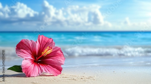 Wallpaper Mural Beautiful Hibiscus Flower Blooming on Sandy Beach with Calm Ocean Waves and Clear Blue Sky in the Background Torontodigital.ca