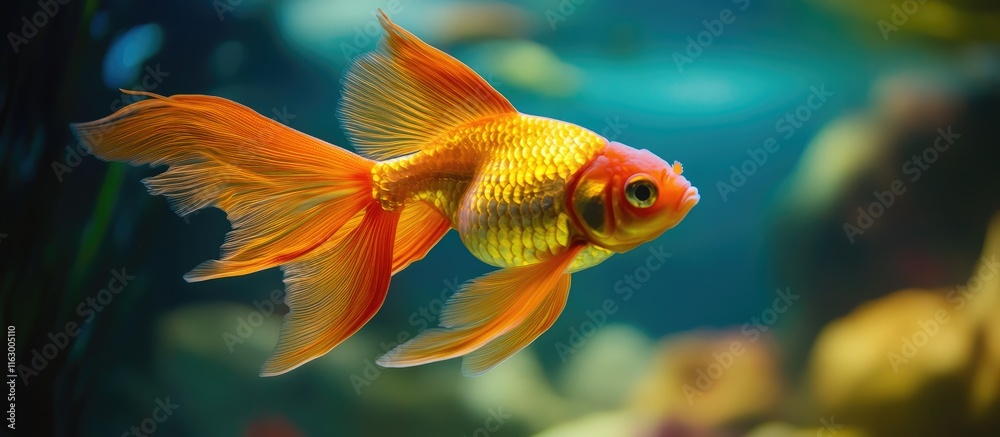 Fototapeta premium Vibrant goldfish swimming gracefully in a tranquil aquarium setting with clear space for adding text or designs