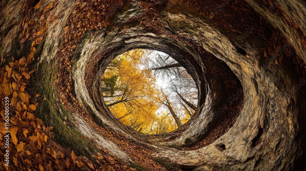 Autumn forest view through a circular rock formation surrounded by colorful leaves and natural textures in warm golden brown tones Autumn forest view through a circular rock formation surrounded by colorful leaves and natural textures in warm golden brown tones