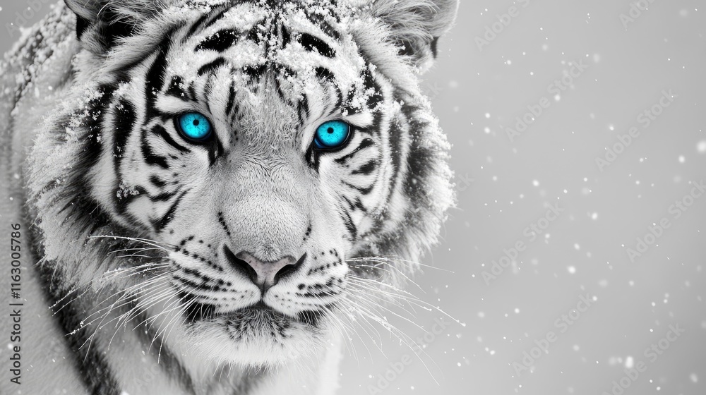 Naklejka premium Majestic white tiger with striking blue eyes standing in snow during winter showcasing powerful beauty and serene environment.