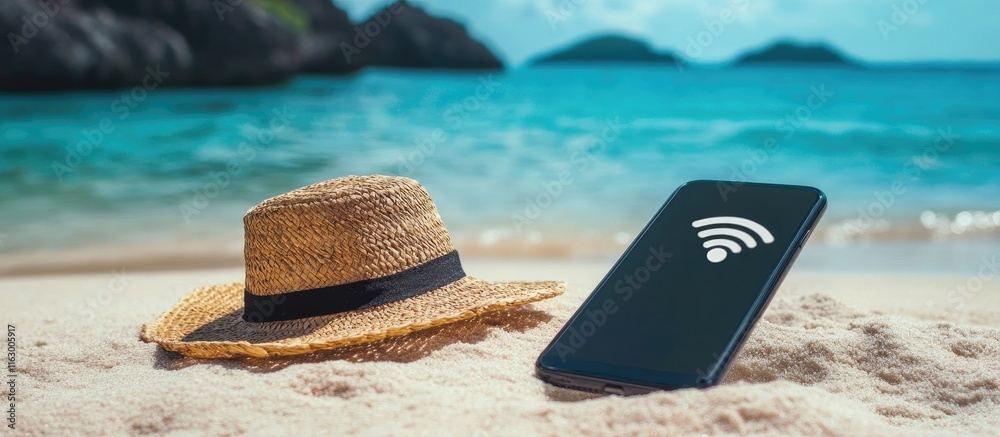 Smartphone with Wi-Fi symbol on beach sand next to straw hat, ideal for summer vacation themes and travel-related content. Smartphone with Wi-Fi symbol on beach sand next to straw hat, ideal for summer vacation themes and travel-related content.