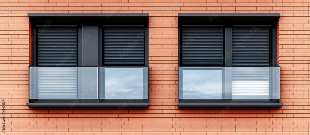 Fototapeta premium Window frames featuring internal and external blinds installation with double glazed windows on a modern condo facade and space for text