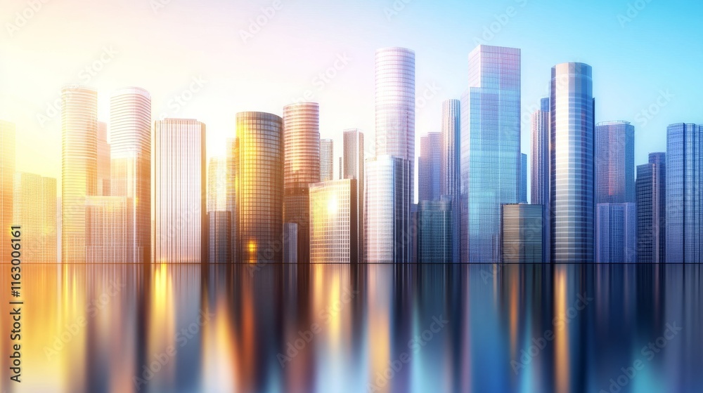 Obraz premium Modern skyline reflecting on water at sunset.