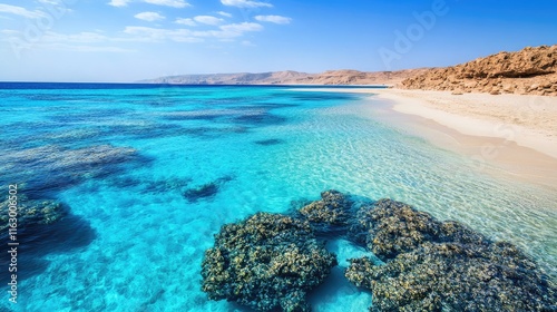 Coral Aqtab Beach Scenic View with Vibrant Turquoise Waters Black Rocks and Soft White Sand under a Clear Blue Sky photo