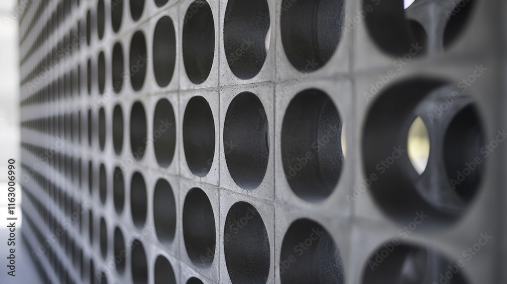 Abstract Concrete Wall with Circular Cutouts: Architectural Detail Abstract Concrete Wall with Circular Cutouts: Architectural Detail