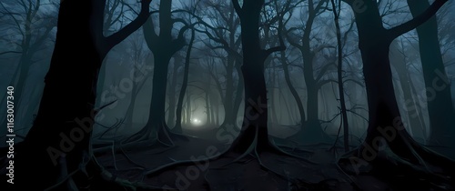A chilling image of a dark foggy forest with gnarled trees and eerie shadows invoking a sense of dread