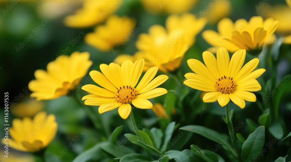 Bright Yellow Flowers in Bloom with Abundant Green Foliage Suitable for Seasonal Promotions and Copy Space for Text Integration Bright Yellow Flowers in Bloom with Abundant Green Foliage Suitable for Seasonal Promotions and Copy Space for Text Integration