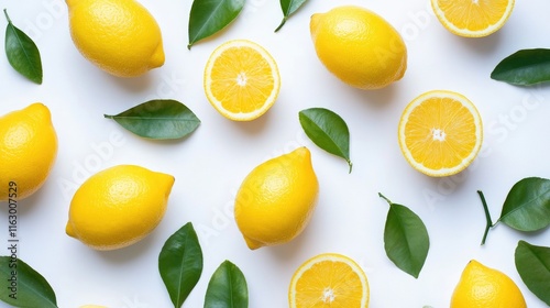 Wallpaper Mural Vibrant yellow lemons with fresh leaves arranged on a white background showcasing natural freshness and citrus appeal Torontodigital.ca