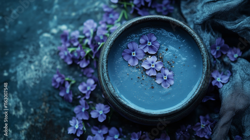 Cress soup garnished with flowers on a dark textured surface