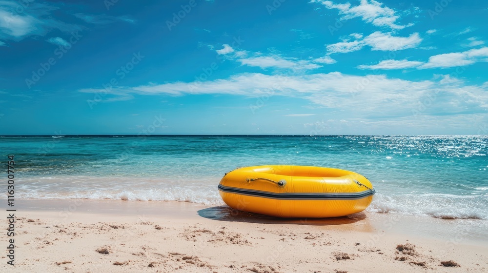 Yellow Inflatable Boat on Sandy Beach Under Bright Blue Sky and Calm Ocean Waves During Summer Day Yellow Inflatable Boat on Sandy Beach Under Bright Blue Sky and Calm Ocean Waves During Summer Day