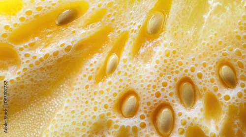 Close-up of ripe yellow melon slice highlighting intricate textures and seeds for culinary or agricultural themes photo