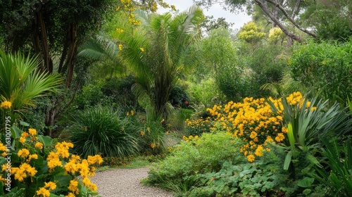 Vibrant Yellow Kaka Madara Flowers in Lush Summer Garden Landscape with Native Plants and Tropical Foliage photo