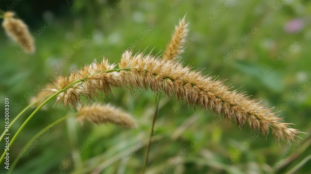 Ripening Phleum medium grasses displaying detailed textures and golden hues in a lush green field environment Ripening Phleum medium grasses displaying detailed textures and golden hues in a lush green field environment