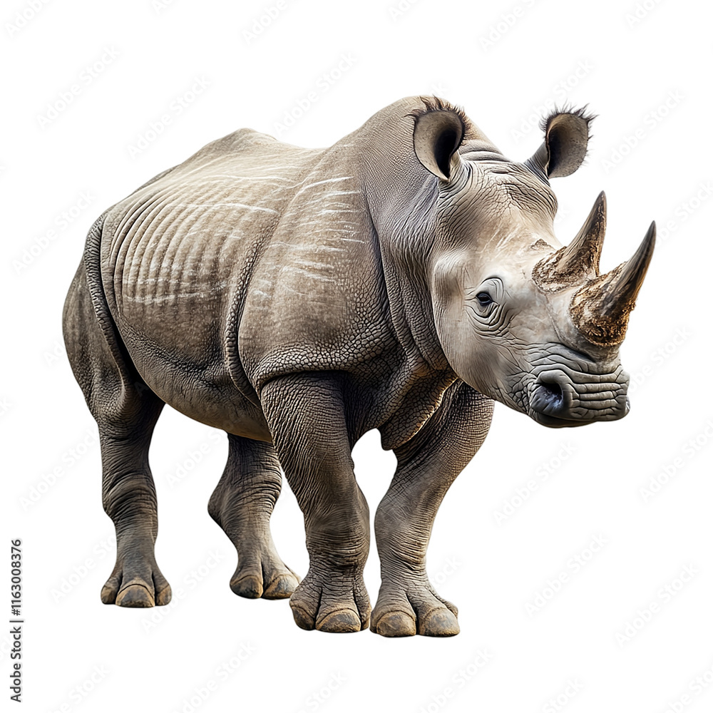 Fototapeta premium Rhino with a large horn is standing on transparent background.