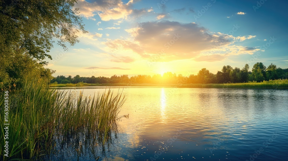 Fototapeta premium Serene River Sunset Reflections Over Water Surrounded by Lush Greenery in Tranquil Natural Landscape