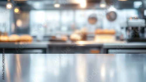 Wallpaper Mural Stylish stainless steel kitchen countertop with a blurred bakery setting creating a warm inviting atmosphere for culinary creativity. Torontodigital.ca