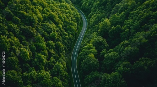 Aerial view of a winding road surrounded by dense lush green forest and trees on both sides showcasing natural beauty and tranquility photo