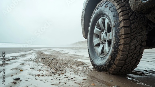 Wallpaper Mural SUV Tire on Sandy Beach with Foggy Morning Atmosphere and Close Up Side View for Outdoor Adventure Promotion Torontodigital.ca