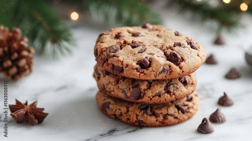 Deliciously baked chocolate chip cookies stacked on a marble surface surrounded by festive decor and pine branches.