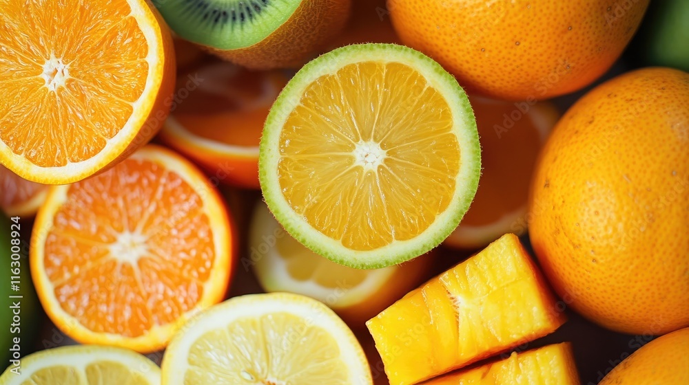 Vibrant selection of seasonal fruits sliced for fresh smoothies promoting health and wellness with colorful nutrient-rich ingredients Vibrant selection of seasonal fruits sliced for fresh smoothies promoting health and wellness with colorful nutrient-rich ingredients