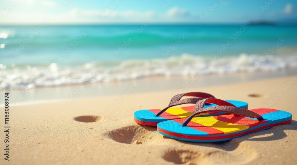 Obraz premium pair of colorful Aussie thongs (flip-flops) resting on a sandy beach