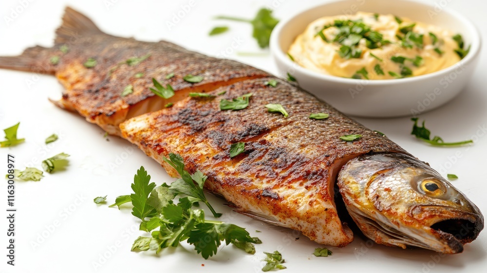 Grilled Trout with Fresh Coriander and Spicy Aioli on White Plate for Culinary Display Grilled Trout with Fresh Coriander and Spicy Aioli on White Plate for Culinary Display