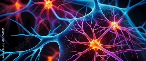 A captivating macro view of neurons firing with dendrites and synapses glowing in neon colors