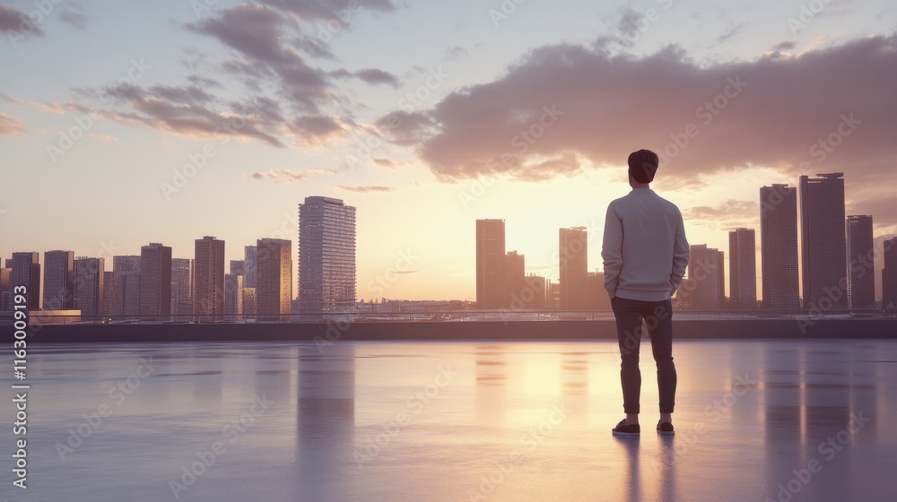 Person gazing at city skyline during sunset. Person gazing at city skyline during sunset.