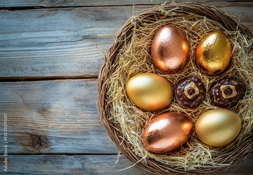 Luxury Easter Eggs in Nest: Golden and Copper Decorated Eggs with Chocolates Luxury Easter Eggs in Nest: Golden and Copper Decorated Eggs with Chocolates