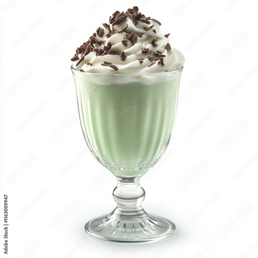 An Elegant glass filled with a creamy mint milkshake, topped with whipped cream and chocolate shavings, on a white background. An Elegant glass filled with a creamy mint milkshake, topped with whipped cream and chocolate shavings, on a white background.