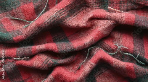 Soft Red Cotton Plaid Fabric with Frayed Edges and Green Threads Textured Background for Textile Design and Fashion Applications photo