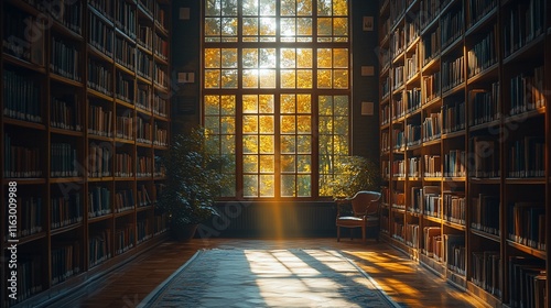 Sunlit Library With Rows Of Books And Autumnal Window