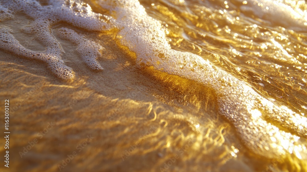 Obraz premium Golden sandy beach at sunset with soft ocean waves gently lapping the shore creating a tranquil and serene coastal atmosphere