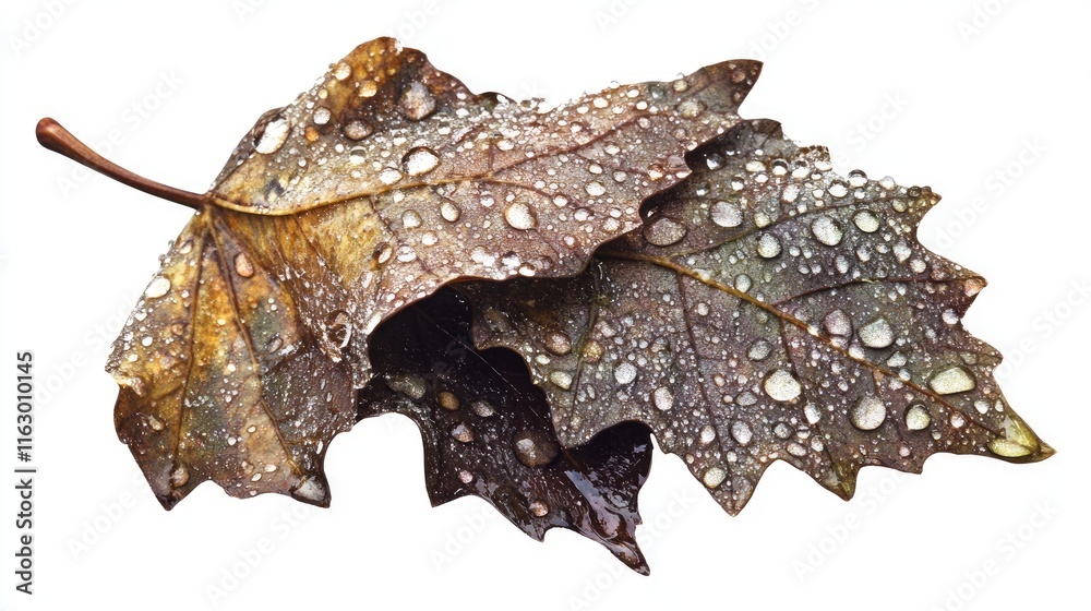 Fototapeta premium Drenched autumn leaves with raindrops on a white background highlighting nature's beauty and detail