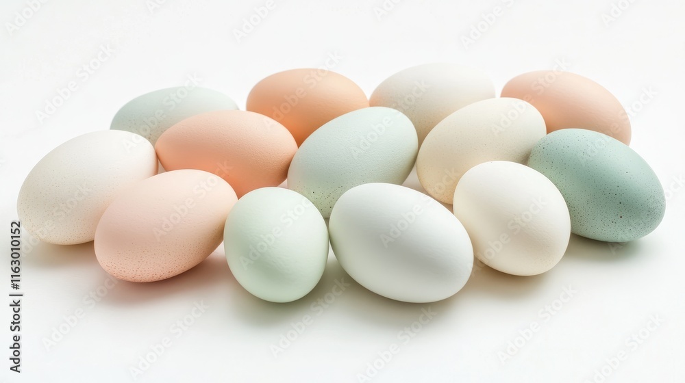 Pastel colored eggs in soft hues arranged neatly on a white background ideal for spring and holiday decoration concepts Pastel colored eggs in soft hues arranged neatly on a white background ideal for spring and holiday decoration concepts