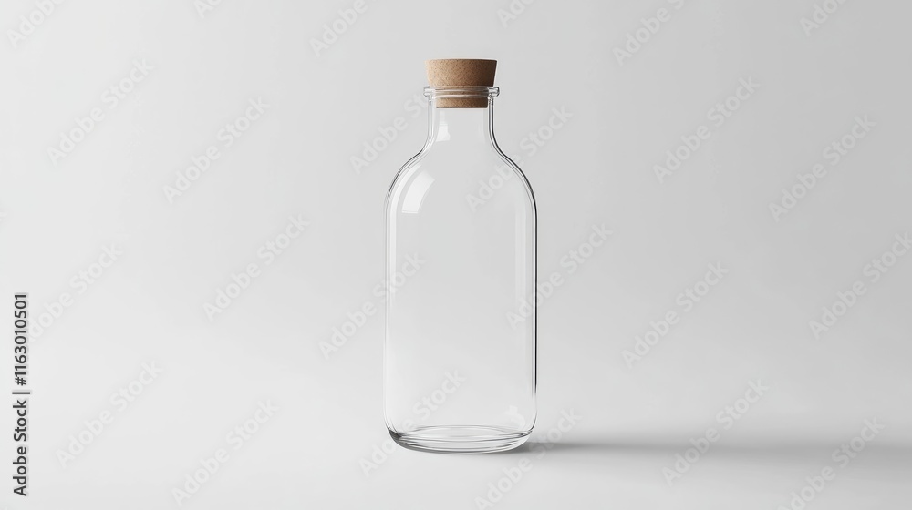 Minimalist Transparent Glass Bottle with Wooden Cork on Clean White Surface